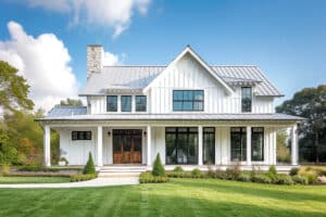 A white modern farmhouse with a grey metal roof, black window frames, a covered porch, and landscaping.